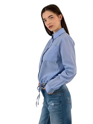 Kadın Büzgülü Kısa Cepli Basic Crop Beyaz Gömlek