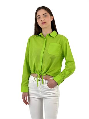 Kadın Büzgülü Kısa Cepli Basic Crop Beyaz Gömlek