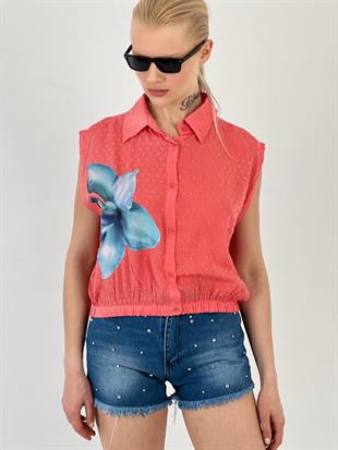 Kadın Çiçek Baskılı Sıfır Kol Nar Çiçeği Gömlek