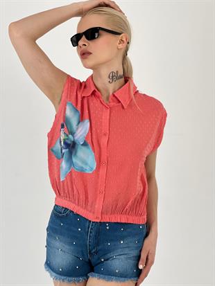 Kadın Çiçek Baskılı Sıfır Kol Nar Çiçeği Gömlek