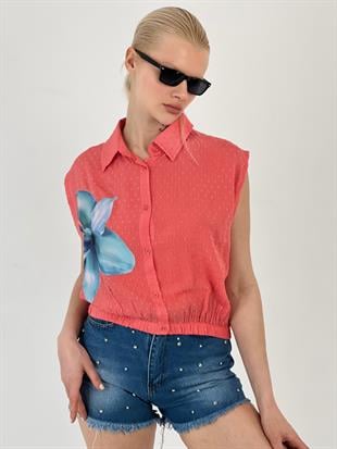 Kadın Çiçek Baskılı Sıfır Kol Nar Çiçeği Gömlek