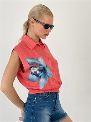 Kadın Çiçek Baskılı Sıfır Kol Nar Çiçeği Gömlek