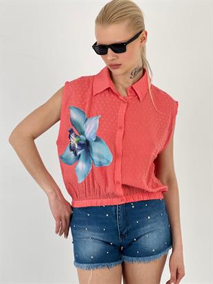 Kadın Çiçek Baskılı Sıfır Kol Nar Çiçeği Gömlek