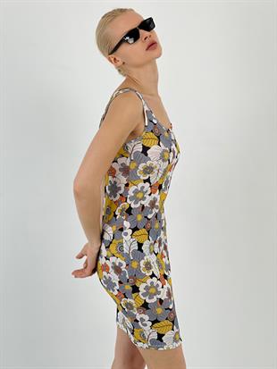 Kadın Çiçek Desenli Gri Askılı Elbise