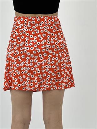Kadın Çiçek Desenli Kırmızı Mini Etek