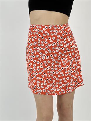 Kadın Çiçek Desenli Kırmızı Mini Etek