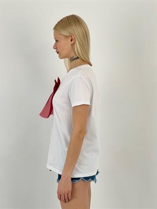 Kadın Çıkarılabilir Fiyonk Detaylı Beyaz Tişört