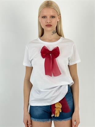 Kadın Çıkarılabilir Fiyonk Detaylı Beyaz Tişört