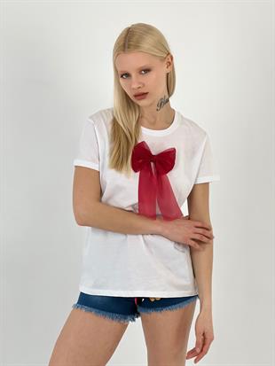 Kadın Çıkarılabilir Fiyonk Detaylı Beyaz Tişört