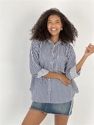 Kadın Çizgili Cep Taş İşlemeli Lacivert Gömlek