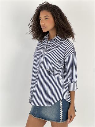 Kadın Çizgili Cep Taş İşlemeli Lacivert Gömlek