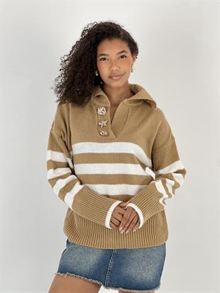 Kadın Çizgili Figürlü Düğmeli Camel Triko Kazak