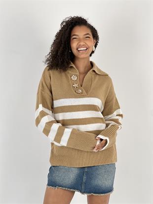 Kadın Çizgili Figürlü Düğmeli Camel Triko Kazak