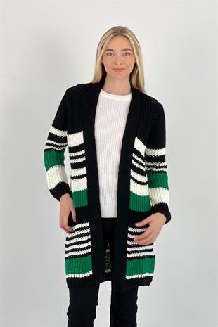 Kadın Çok Renkli Şeritli Düğmesiz Yeşil Triko Hırka