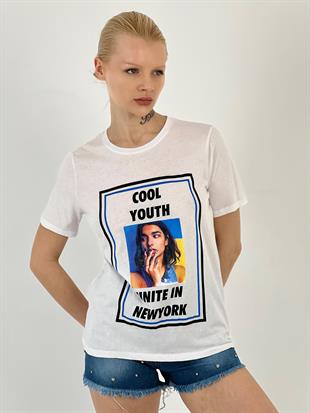 Kadın Cool Baskılı Beyaz Tişört