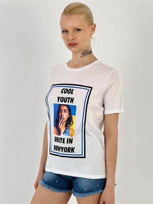 Kadın Cool Baskılı Beyaz Tişört