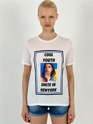 Kadın Cool Baskılı Beyaz Tişört