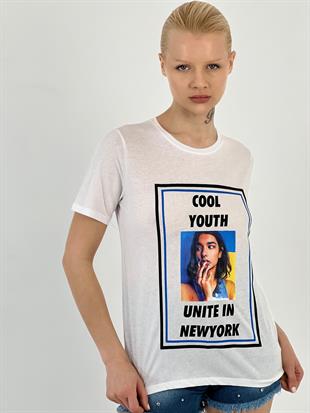 Kadın Cool Baskılı Beyaz Tişört