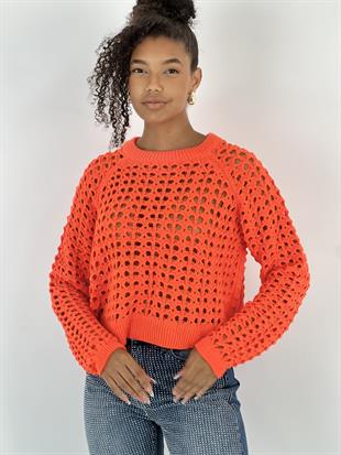 Kadın Delikli Örgü Bisiklet Yaka Oranj Crop Kazak