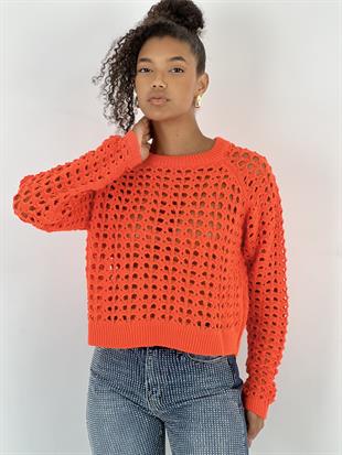 Kadın Delikli Örgü Bisiklet Yaka Oranj Crop Kazak