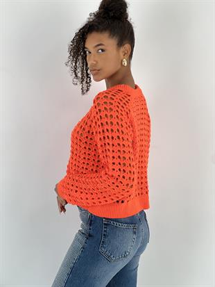 Kadın Delikli Örgü Bisiklet Yaka Oranj Crop Kazak