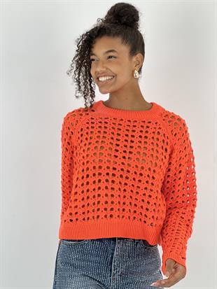 Kadın Delikli Örgü Bisiklet Yaka Oranj Crop Kazak