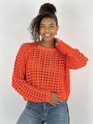 Kadın Delikli Örgü Bisiklet Yaka Oranj Crop Kazak