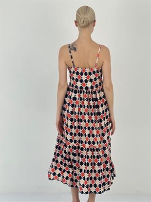 Kadın Desenli Pileli Mercan Midi Elbise