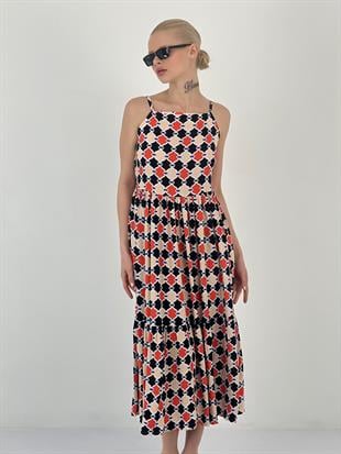 Kadın Desenli Pileli Mercan Midi Elbise