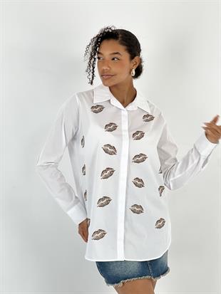 Kadın Dudak Leopar Baskılı Beyaz Gömlek