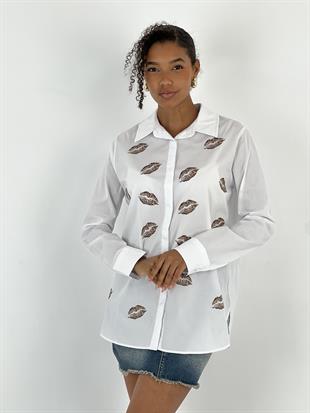 Kadın Dudak Leopar Baskılı Beyaz Gömlek