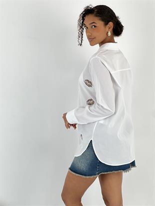 Kadın Dudak Leopar Baskılı Beyaz Gömlek