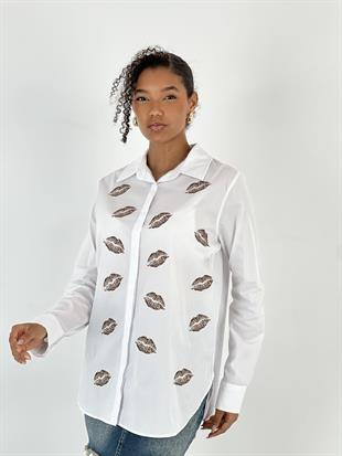 Kadın Dudak Leopar Baskılı Beyaz Gömlek