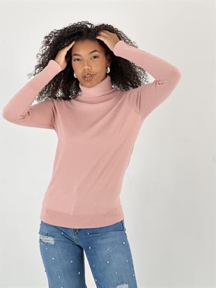 Kadın Düğme Detaylı Balıkçı Yaka Pudra Triko Kazak