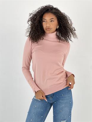 Kadın Düğme Detaylı Balıkçı Yaka Pudra Triko Kazak