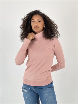 Kadın Düğme Detaylı Balıkçı Yaka Pudra Triko Kazak