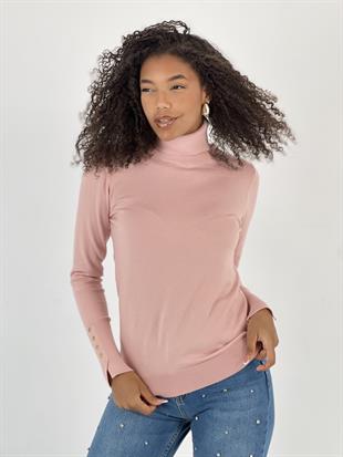 Kadın Düğme Detaylı Balıkçı Yaka Pudra Triko Kazak