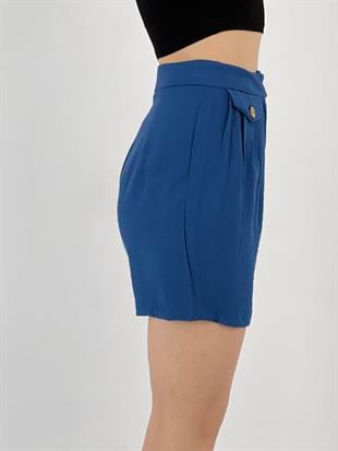 Kadın Düğme Detaylı Mavi Şort