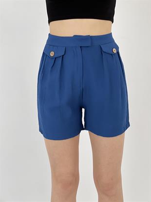 Kadın Düğme Detaylı Mavi Şort