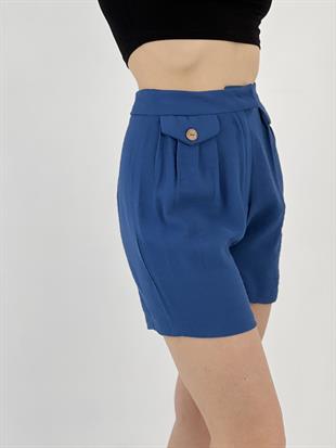 Kadın Düğme Detaylı Mavi Şort
