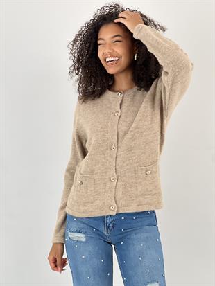 Kadın Düğmeli İki Cepli Taş Triko Hırka