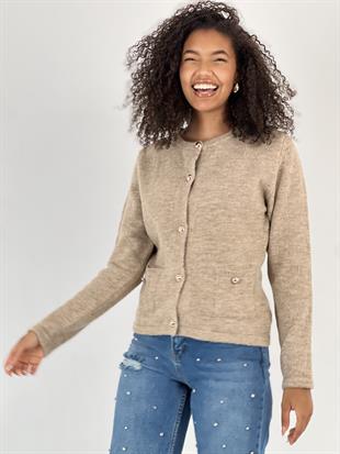 Kadın Düğmeli İki Cepli Taş Triko Hırka