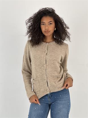 Kadın Düğmeli İki Cepli Taş Triko Hırka