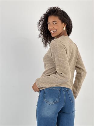 Kadın Düğmeli İki Cepli Taş Triko Hırka