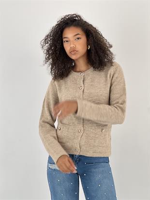 Kadın Düğmeli İki Cepli Taş Triko Hırka