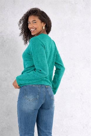 Kadın Düğmeli İki Cepli Yeşil Triko Hırka