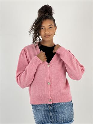 Kadın Düğmeli Kısa Kesim Pembe Hırka