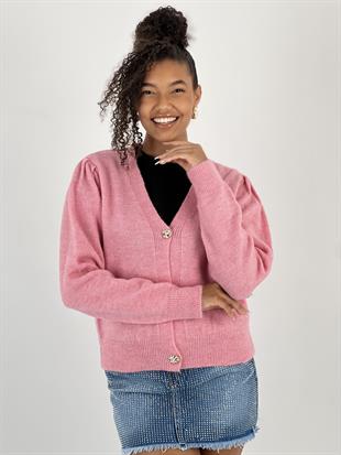 Kadın Düğmeli Kısa Kesim Pembe Hırka