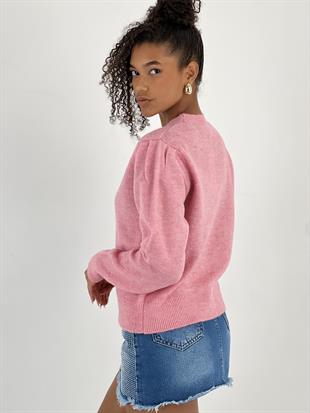 Kadın Düğmeli Kısa Kesim Pembe Hırka