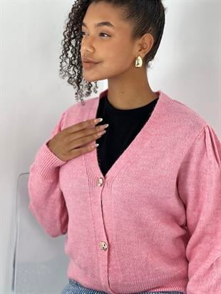 Kadın Düğmeli Kısa Kesim Pembe Hırka